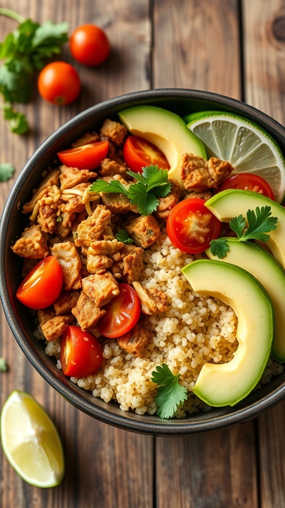 Spicy Jackfruit Quinoa Bowl A nutritious jackfruit quinoa bowl with jackfruit, quinoa, tomatoes, avocado, and cilantro on a wooden table.